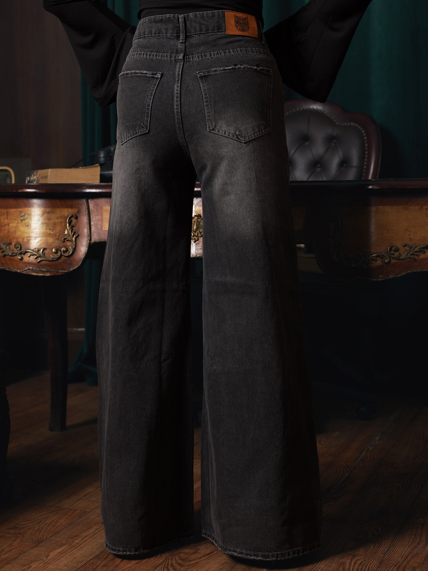 Owluxe Signature Super Wide-Leg Denim – SWL-02 – Charcoal Black