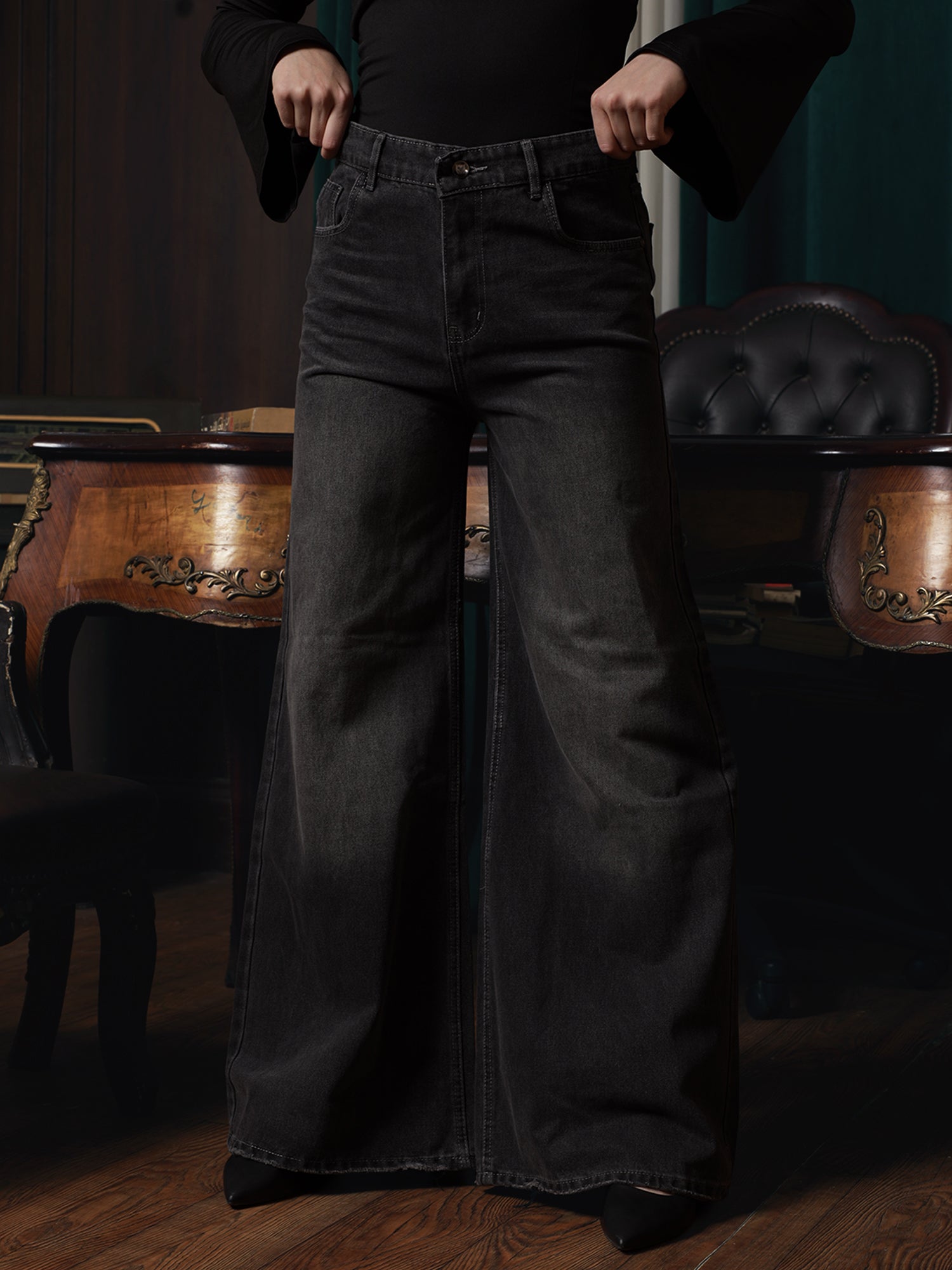 Owluxe Signature Super Wide-Leg Denim – SWL-02 – Charcoal Black