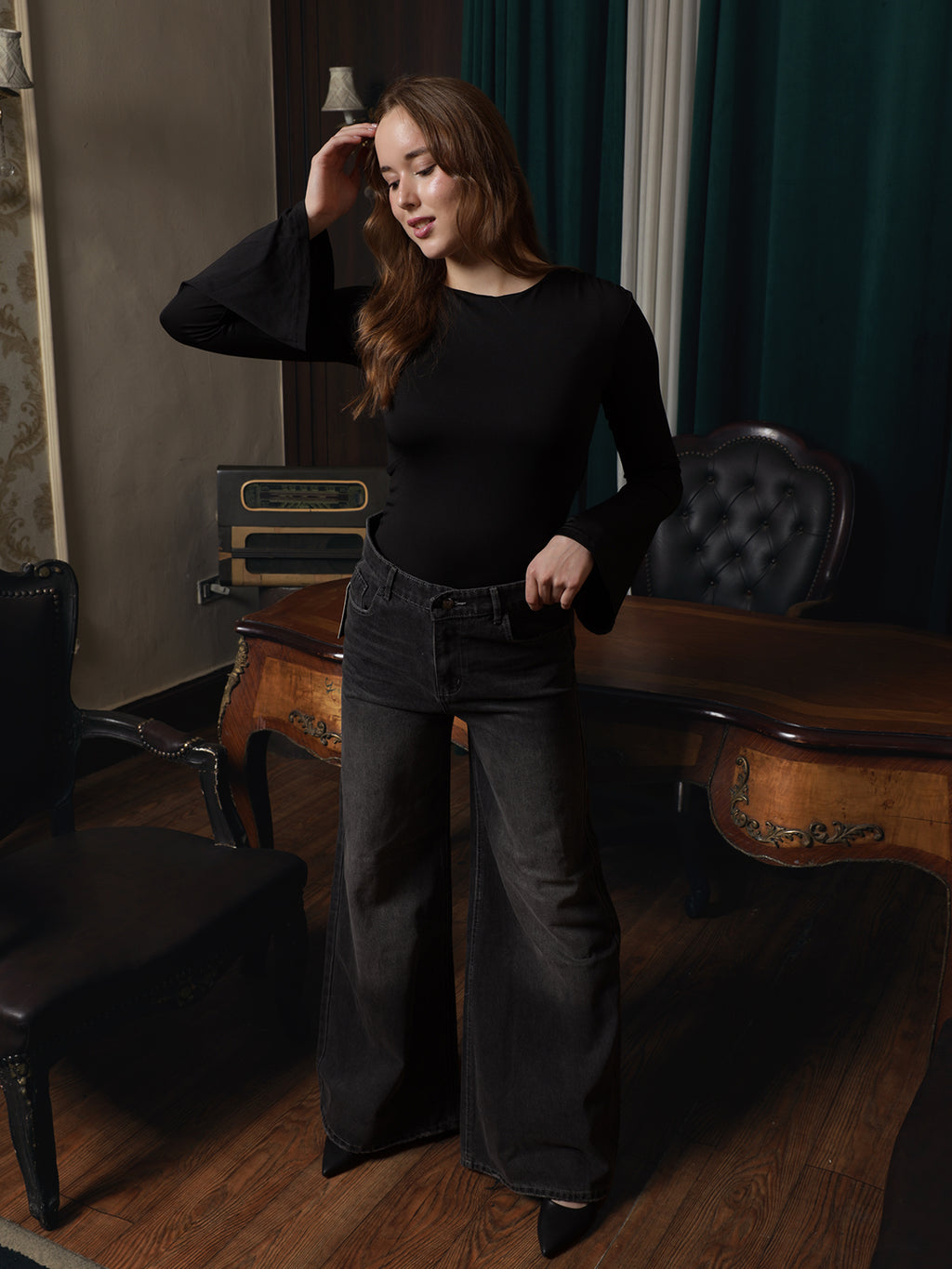 Owluxe Signature Super Wide-Leg Denim – SWL-02 – Charcoal Black